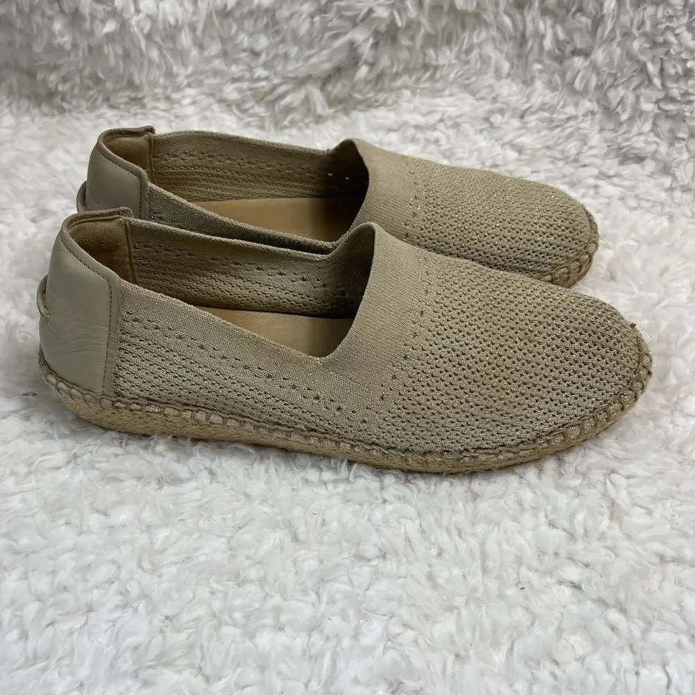 Cole Haan knitted Khaki lite Espadrille Loafer strings of gold threads size 10B